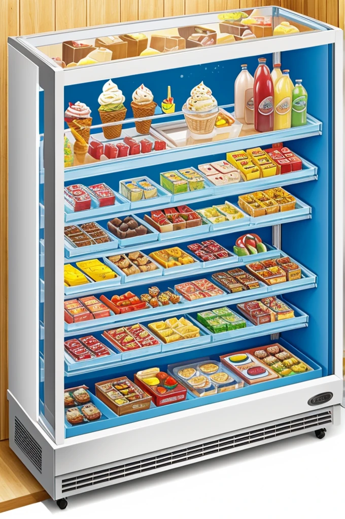 Refrigerated display case with 16 different ice cream sorts in cartoon watercolour style 