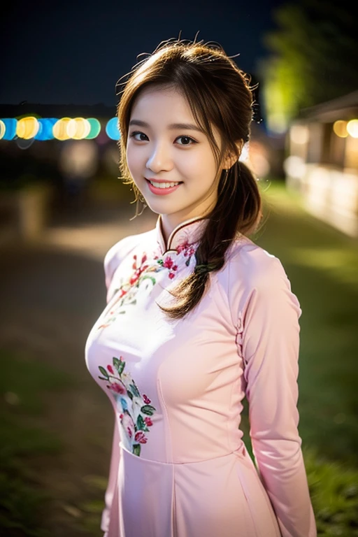 (a gorgeous lady, age 18, Vietnamese traditional dress pink Ao Dai, nature walk in Hanoi night sky, friendly expression, dimpled smile, cute snaggle-tooth, Loose low ponytail, beautiful detailed face, beautiful detailed eyes, ample round bosom, photorealistic, hyper-realism, high contrast, ultra HD, realistic skin textures, top image quality, top-quality, super high resolution, fine details, very meticulously, masterpiece, head to thigh, the Cowboy shot, romantic atmosphere, bokeh background)