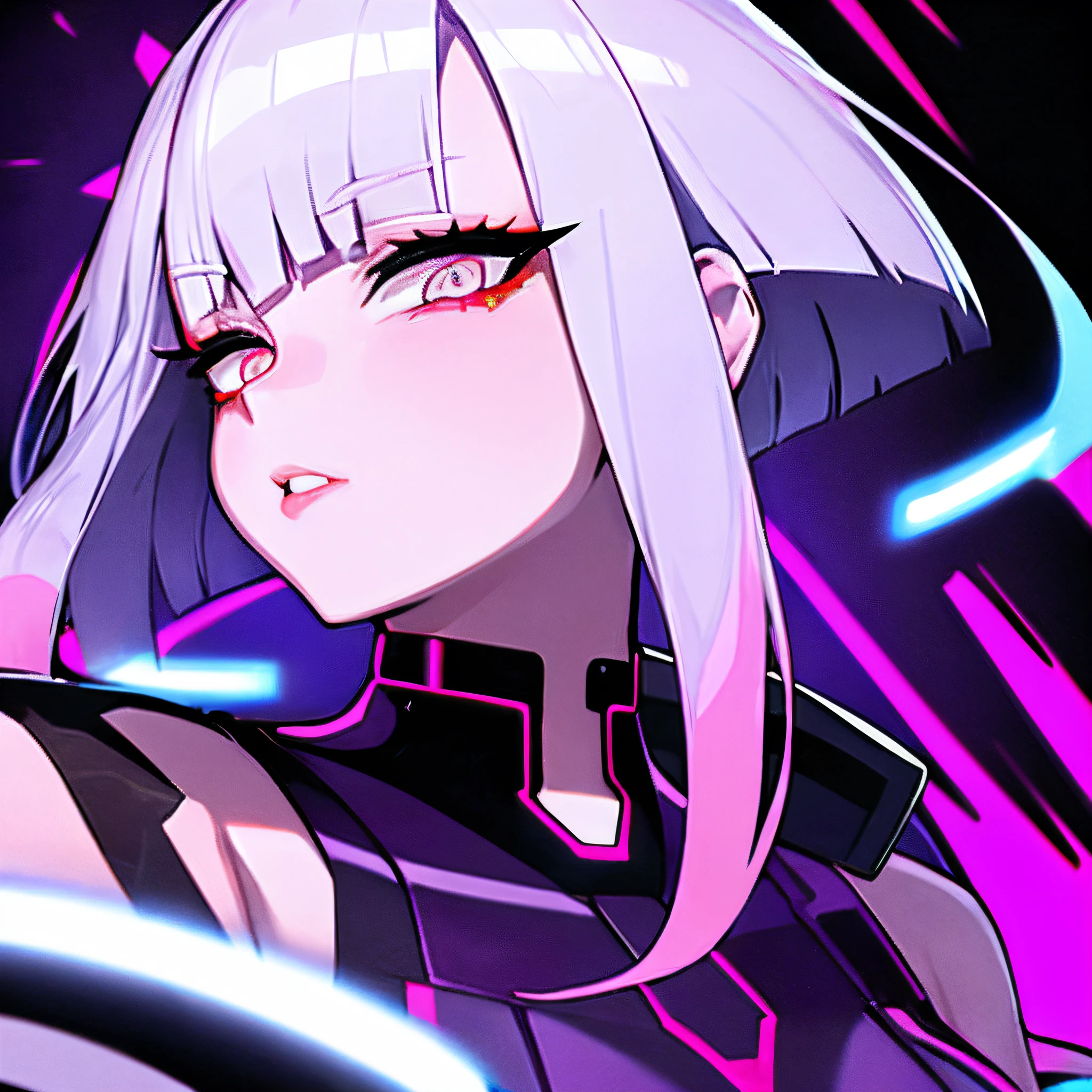 Lucy \(Cyberpunk\), 1 Girl, Bangs, Silver Hair, Color Tips, Purple Eyes, jacket, Long sleeve, Look at the audience, Medium Length Hair, Facial portrait, Colorful hair, Flying hair, Open lips, 分开的Bangs, (Crazy Eyes), Keep your eyes open, Half face, Silver Hair, Portraiture, pink eyeliner, Pink lips, solo, 白色jacket, Cyberpunk\(series\), Cyberpunk边缘奔跑者