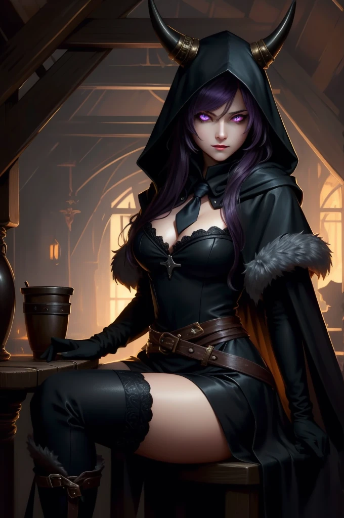 (masterpiece, best quality), intricate details,
1girl, nerissa_ravencroft, fur trim, necktie, black gloves, thighhighs, horn,
edgCultist, dark, ominous, wearing edgCultist_hood, glowing eyes, purple eyes, sitting in tavern