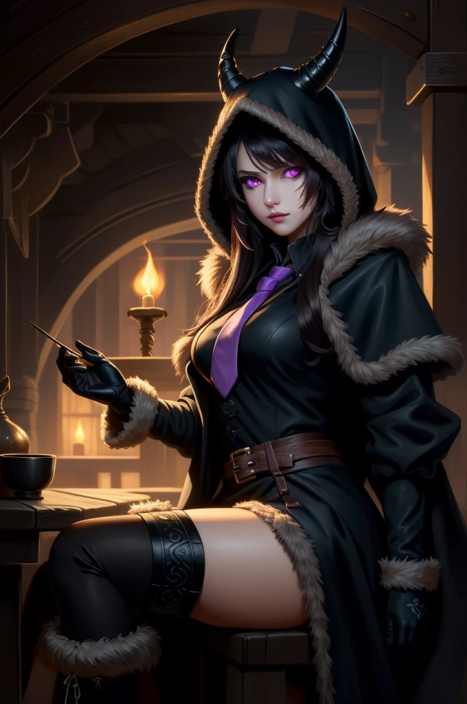 (masterpiece, best quality),  intricate details,
1girl,    nerissa_ravencroft,  fur trim, necktie, black gloves, thighhighs,  horn, 
 edgCultist, dark, ominous, wearing edgCultist_hood, glowing eyes,  purple eyes, sitting in tavern