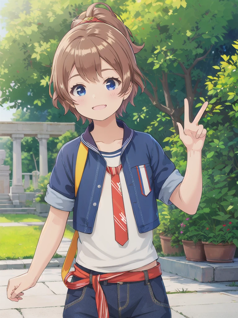 Highest quality,masterpiece,************,smile,><,Are standing, Outdoor, Upper Body, 顔 focus,Brown Hair, short hair, ponytail, blue eyes, Flat Chest,