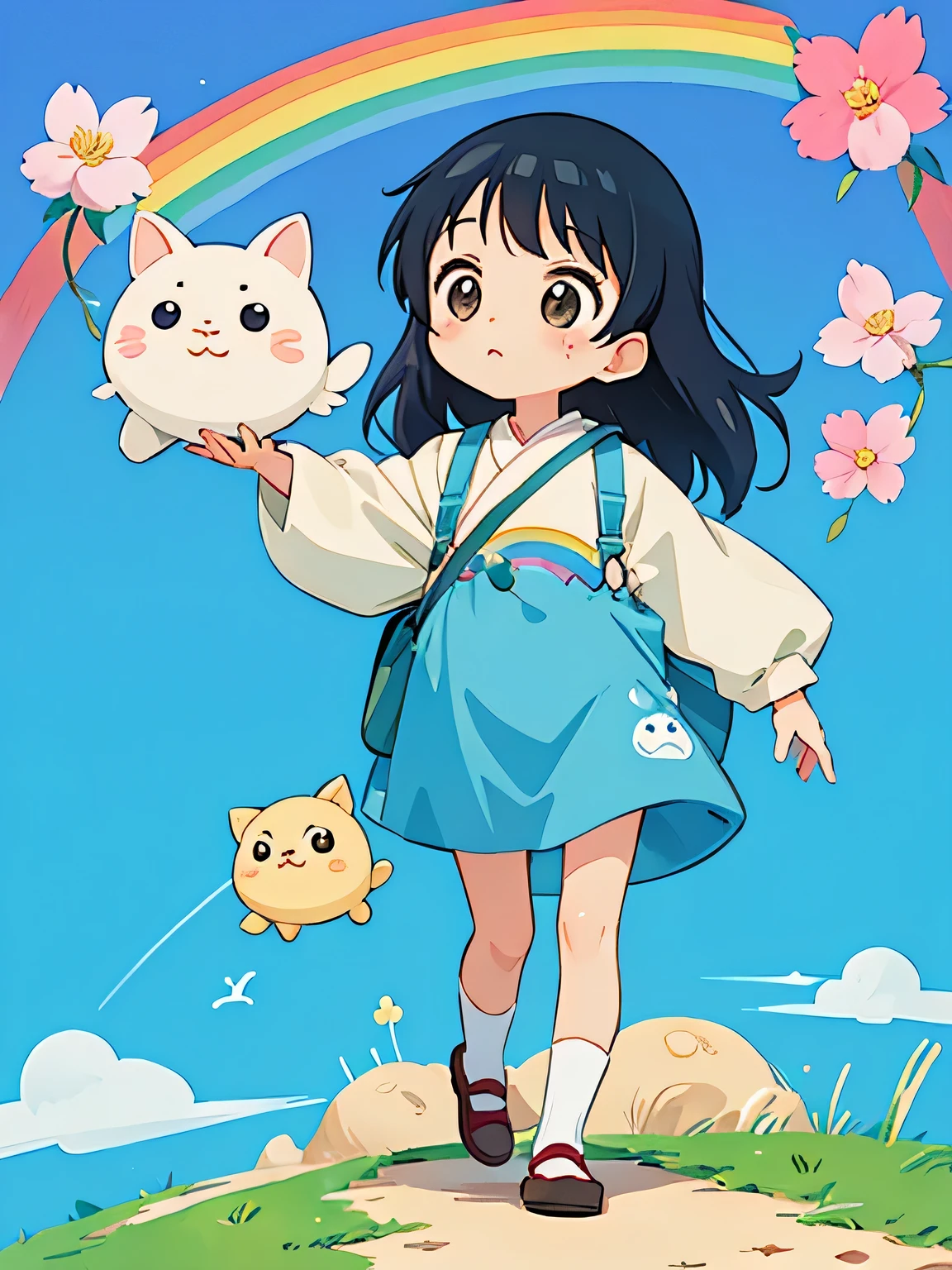 Hayao Miyazaki style、Kawaii Design, The most beautiful girl of all time, chibi, rainbow, walking, トトロの森