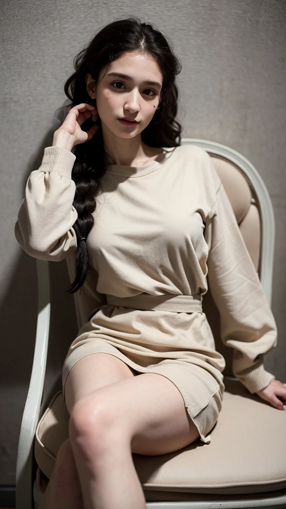 Gypsy rose Blanchard . Between reality and synthesis. With slightly curly hair . Le regard perdu . assit sur une chaise dans une cellule de prison. se portent droit .regardant la caméra . Not too close to the camera . Dressed in a simple beige prison outfit . HD .