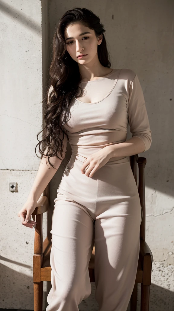 Gypsy rose Blanchard . Between reality and synthesis. With slightly curly hair . Le regard perdu . assit sur une chaise dans une cellule de prison. se portent droit .regardant la caméra . Not too close to the camera . Dressed in a simple beige prison outfit . HD .