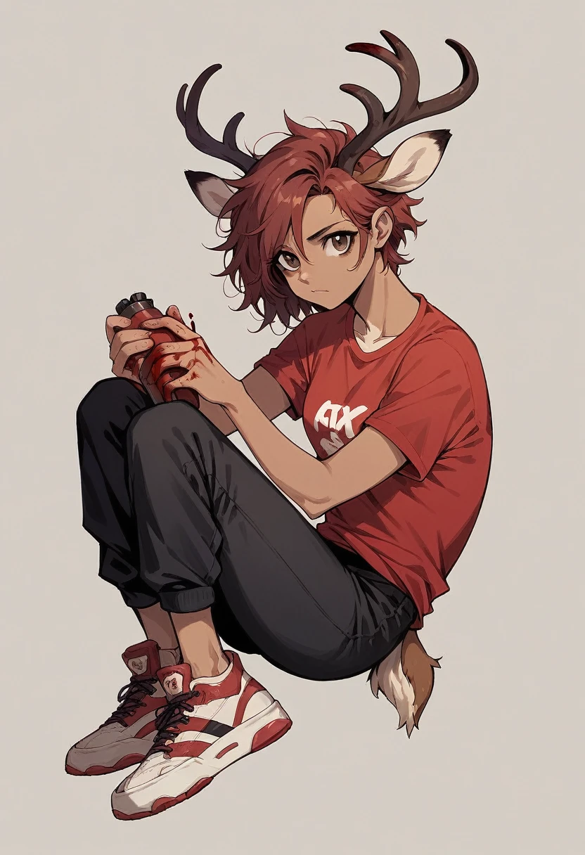 Sexy , Solo female, messy red hair with black tips, brown eyes, deer horns, brown deer ears, red shirt, white t-shirt , black pants, sneakers, holding an ax,blood