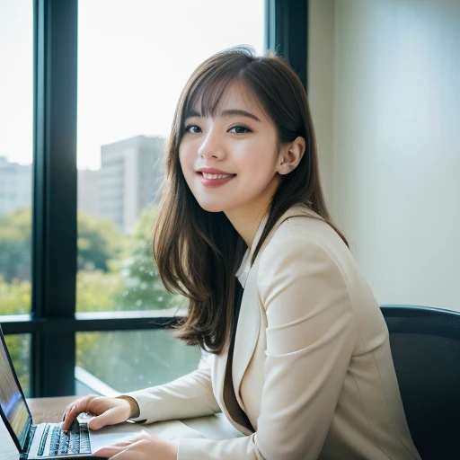 Highest quality, masterpiece, (Photorealistic:1.4), Ultra-detailed, RAW Photos, One Girl, solo, Laughter, Wearing a suit, Portrait, whole body, The whole body is shown,Meeting room background, Natural soft light, Bokeh Depth of Field,The window overlooks the park,Working on a laptop,speaking with a microphone