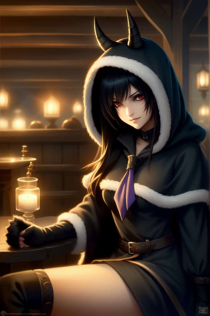 (masterpiece, best quality),  intricate details,
1girl,    nerissa_ravencroft,  fur trim, necktie, black gloves, thighhighs,  horn, 
 edgCultist, dark, ominous, wearing edgCultist_hood, glowing eyes,  purple eyes, sitting in tavern