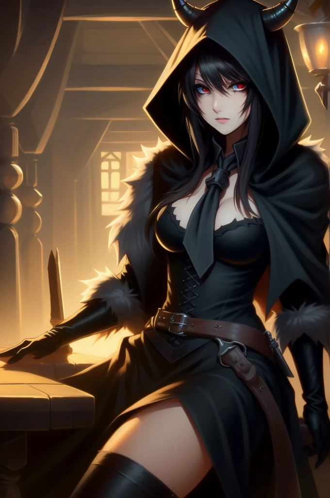 (masterpiece, best quality), intricate details,
1girl, nerissa_ravencroft, fur trim, necktie, black gloves, thighhighs, horn,
edgCultist, dark, ominous, wearing edgCultist_hood, glowing eyes, purple eyes, sitting in tavern