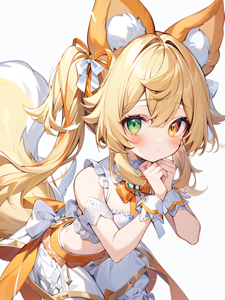 1girl, animal ears, bangs, cutie,bare shoulders, blonde hair, blush, bow, breasts, white cleavage, cropped torso, , green eyes, hair ribbon, heterochromia, stlooking at viewer, , orange bow, orange eyes, orange ribbon, ears like an unearthly animal, fluffy tail, light tail, real tail, ribbon, solo, stuffed animal, stuffed bunny, stuffed toy, twintails, upper body, full-length, white legbands, white shoes with lace and white bows, white background, wrist cuffs, yellow eyes, bloomers, close-up, fair skin frills, lace, midriff, skirt, solo, , white background,shorts, white top with ribbon and lace and trousers,trousers, genshin,white slippers with a bow,All clothes are white, laceAt full height, it stands, в полный рост