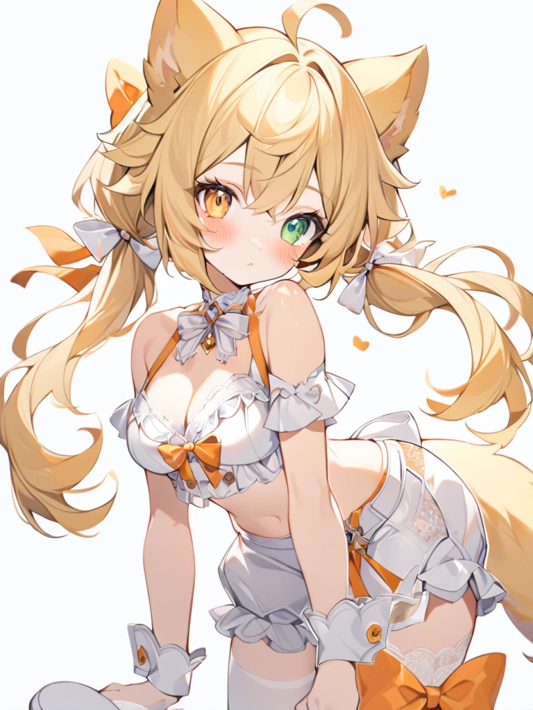 1girl, animal ears, bangs, cutie,bare shoulders, blonde hair, blush, bow, breasts, white cleavage, cropped torso, , green eyes, hair ribbon, heterochromia, stlooking at viewer, , orange bow, orange eyes, orange ribbon, ears like an unearthly animal, fluffy tail, light tail, real tail, ribbon, solo, stuffed animal, stuffed bunny, stuffed toy, twintails, upper body, full-length, white legbands, white shoes with lace and white bows, white background, wrist cuffs, yellow eyes, bloomers, close-up, fair skin frills, lace, midriff, skirt, solo, , white background,shorts, white top with ribbon and lace and trousers,trousers, genshin,white slippers with a bow,All clothes are white, laceAt full height, it stands, в полный рост