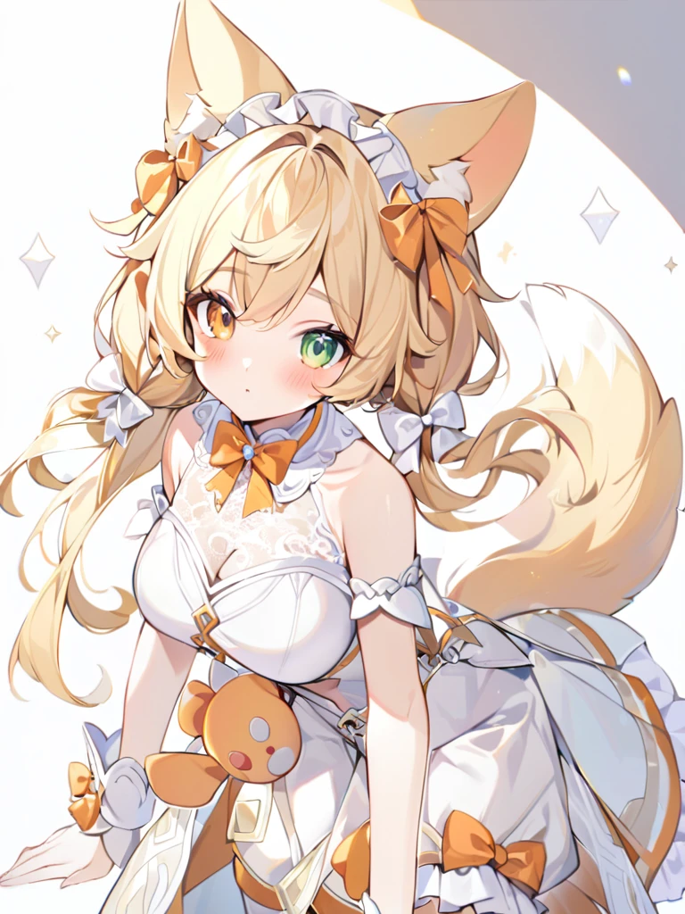 1girl, animal ears, bangs, cutie,bare shoulders, blonde hair, blush, bow, breasts, white cleavage, cropped torso, , green eyes, hair ribbon, heterochromia, stlooking at viewer, , orange bow, orange eyes, orange ribbon, ears like an unearthly animal, fluffy tail, light tail, real tail, ribbon, solo, stuffed animal, stuffed bunny, stuffed toy, twintails, upper body, full-length, white legbands, white shoes with lace and white bows, white background, wrist cuffs, yellow eyes, bloomers, close-up, fair skin frills, lace, midriff, skirt, solo, , white background,shorts, white top with ribbon and lace and trousers,trousers, genshin,white slippers with a bow,All clothes are white, laceAt full height, it stands, в полный рост