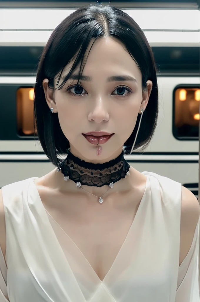 (((Ultimate Photorealistic, ultimate high-quality 32k photo))),(((A cowboy-shot photo taken from the front, looking at viewer))),(((( Seductive pose, 7 heads、Staring Intently :1.8)))),(((A pure white business blouse with a wide V-neck and extremely thin fabric., Soaking wet、She is looking straight at the camera with a very shy look on her face.。light makeup、elegant black wet middle bob。Elegant white thin choker:1.4)))。((Highest quality)), ((masterpiece)), (((detailed))), (midnight ,A modern train station platform in Tokyo on a dark, pouring, stormy night, Low Key Lighting:1.6)、(((A very beautiful, extremely elegant and intelligent 42 year old Japanese woman。Very intelligent and plump。An extremely elegant, calm and modest smile, Being drunk、My eyes are quite watery、I'm very horny、embarrassed ,blush, Curvy Body、Extremely realistic, detailed and beautiful depiction of the face and waist:1.9)))、(((The skin is white and very smooth。A very hot rainy summer night、I'm pretty sweaty、My clothes were soaked and pretty see-through.、When wet, it sticks tightly to the skin, revealing the beautiful lines of the body.、Through the extremely thin fabric, her skin and her navy blue, lacy, high-end underwear are clearly visible.:1.9)))。(((A simple and elegant business pencil skirt in a plain navy blue knee-length,The clothes fit the body very well:1.8))), ((Healthy Body、The line of the chest, collarbone and décolletage are extremely beautiful.:1.9))。(((large&good hips、large&nice chests )))