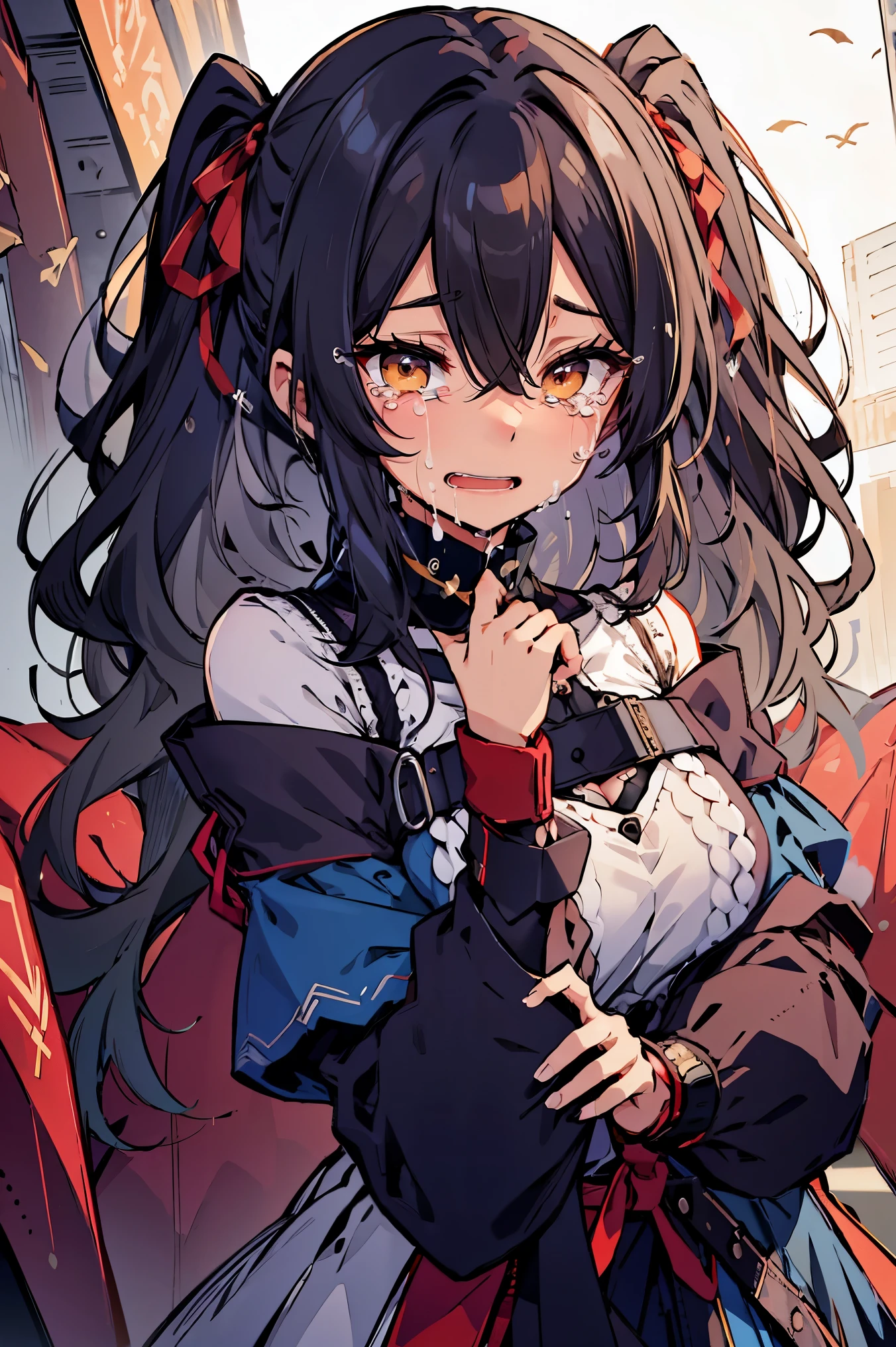 (masterpiece:1.2), (high quality:1.2), (hui xiyi:0.7)rekkyo sensen, rekkyou sensen, girls with((black hair, bangs, (one side up, long wavy hair:1.55), hand up, waving is hands, perfect hands, perfect fingers, tied hands, exposed breasts, tits cleavage, breasts close up, dress((suspenders, dress:0.65), (belts:0.7), (blue clothes, frills shirt, white knit sweater, long sleeves, off-shoulder sleeves, handcuffs, ribbon:1.2)), upper body)), background with((bedding, pillow))