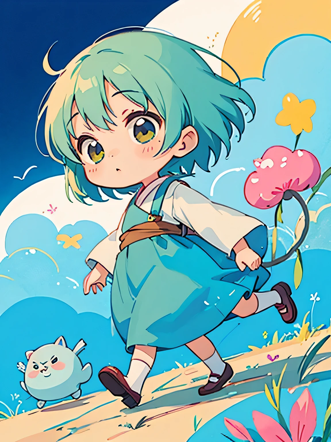 Hayao Miyazaki style、Kawaii Design, The most beautiful girl of all time, chibi, rainbow, walking, トトロの森