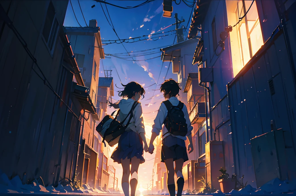 Created exquisite illustrations reminiscent of Makoto Shinkai&#39;s style, 非常に細かいディテールとHighest qualityを備えています. Cityscape at dusk,Create high quality illustrations of beautiful girls。. The overall composition should evoke a sense of nostalgia and fantasy., Intricate details that capture the essence of a moment. Notice elements like the warm glow of the setting sun casting long shadows over the city, And the calm expression of the girl looking at the view. The beauty of the sunset and the girl&#39;s serene thoughts blend together、Striving for a finely crafted work of art, Create a nostalgic and dreamy atmosphere. Highest quality, masterpiece