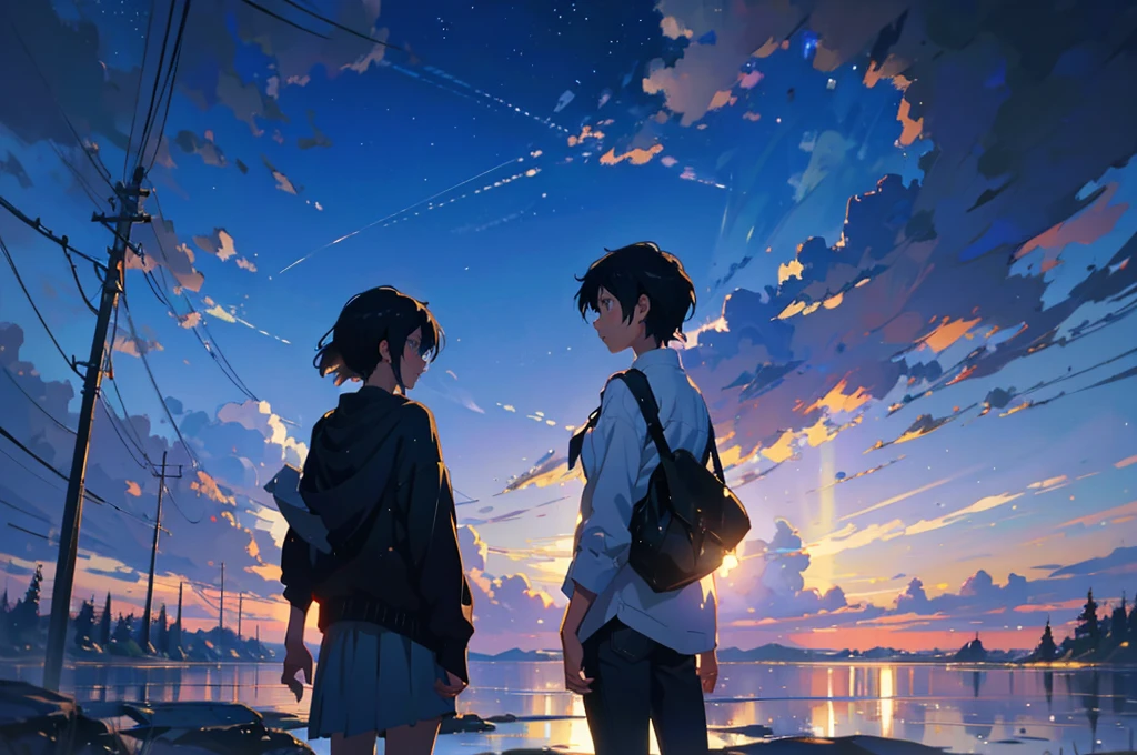 Created exquisite illustrations reminiscent of Makoto Shinkai's style, 非常に細かいディテールとHighest qualityを備えています. Cityscape at dusk,Create high quality illustrations of beautiful girls。. The overall composition should evoke a sense of nostalgia and fantasy., Intricate details that capture the essence of a moment. Notice elements like the warm glow of the setting sun casting long shadows over the city, And the calm expression of the girl looking at the view. The beauty of the sunset and the girl's serene thoughts blend together、Striving for a finely crafted work of art, Create a nostalgic and dreamy atmosphere. Highest quality, masterpiece
