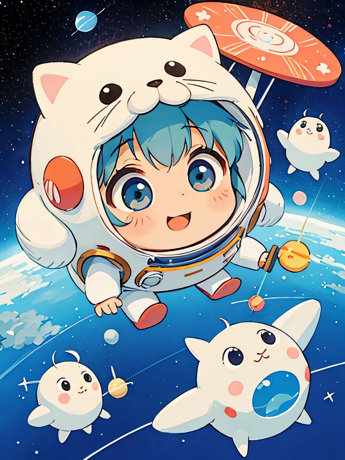 Hayao Miyazaki style、Kawaii Design, The most beautiful girl of all time、chibi, Space Travel, Happy smile, hope