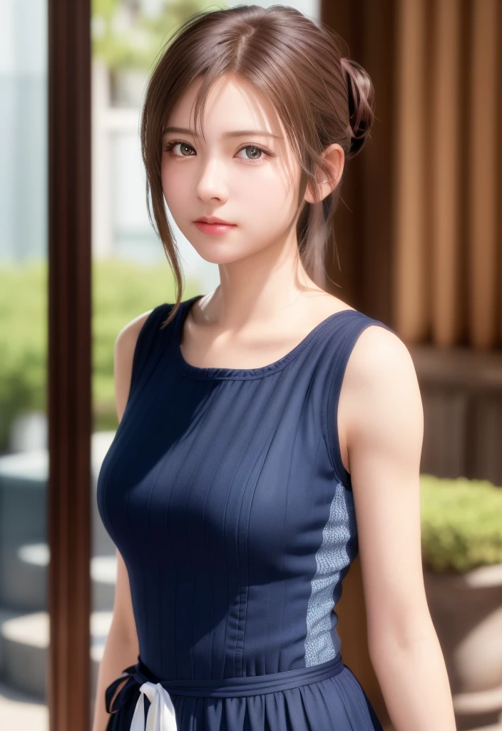 8K, of the highest quality, masutepiece:1.2), (Realistic, Photorealsitic:1.37), of the highest quality, masutepiece, Beautiful young woman, Pensive expression,、A charming、and an inviting look, Cute Maid Clothes, Hair tied back, Cinematic background, Light skin tone