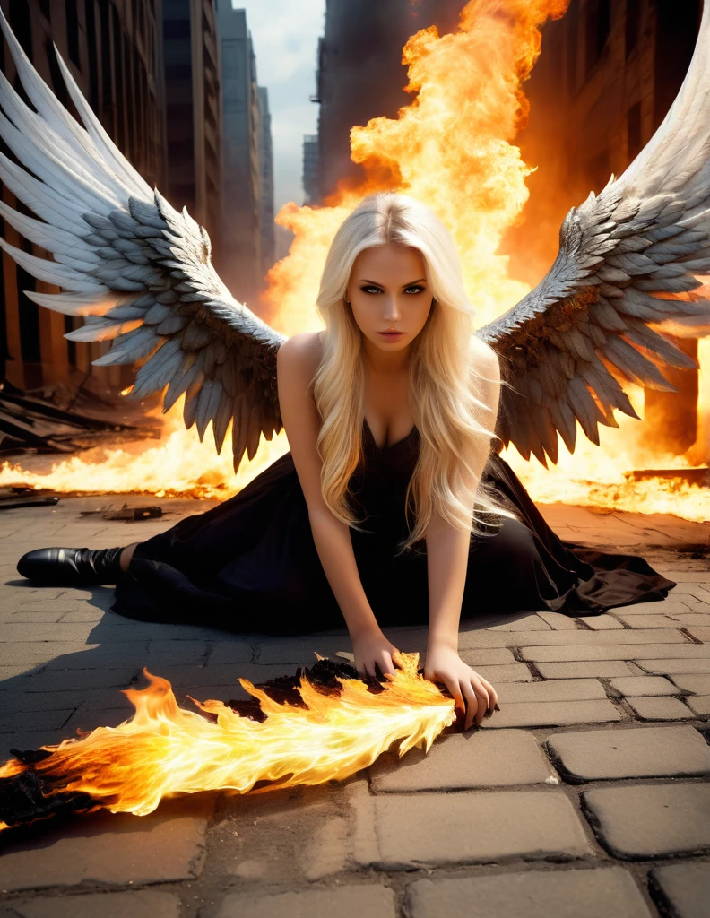 very attractive 25 year old girl with long platinum blonde hair, Best Quality, Masterpiece, ultra-high-resolution, (realistic photograph:1.4), surrealism, Similar to a dream,FusionArt, Female evil fallen angel with huge wings of fire lying on the ground, in an apocalyptic city in flames, staring at the camera, shadow magic, Darkness control, secret, shadow step, border spells, hidden blade. foreground. portrait.