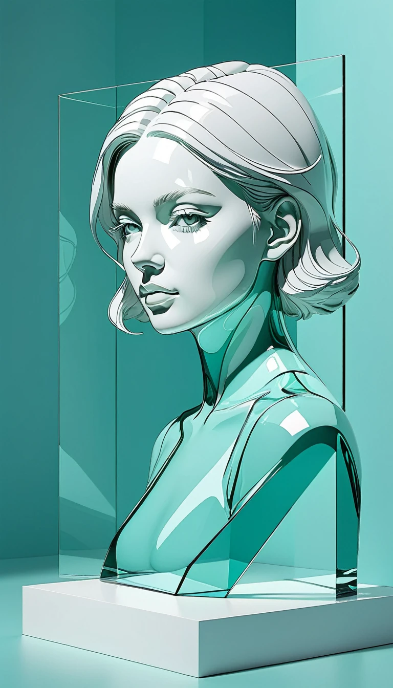 Graphic illustration, a full solid color background, there is a  [1 colored glass transparent 3D portrait sculpture，Facial glow line], artwork by Agata Wierzbicka, architecture and eaves, blank art, background is only solid color, elegance, Minimalism, strong contrast between size,