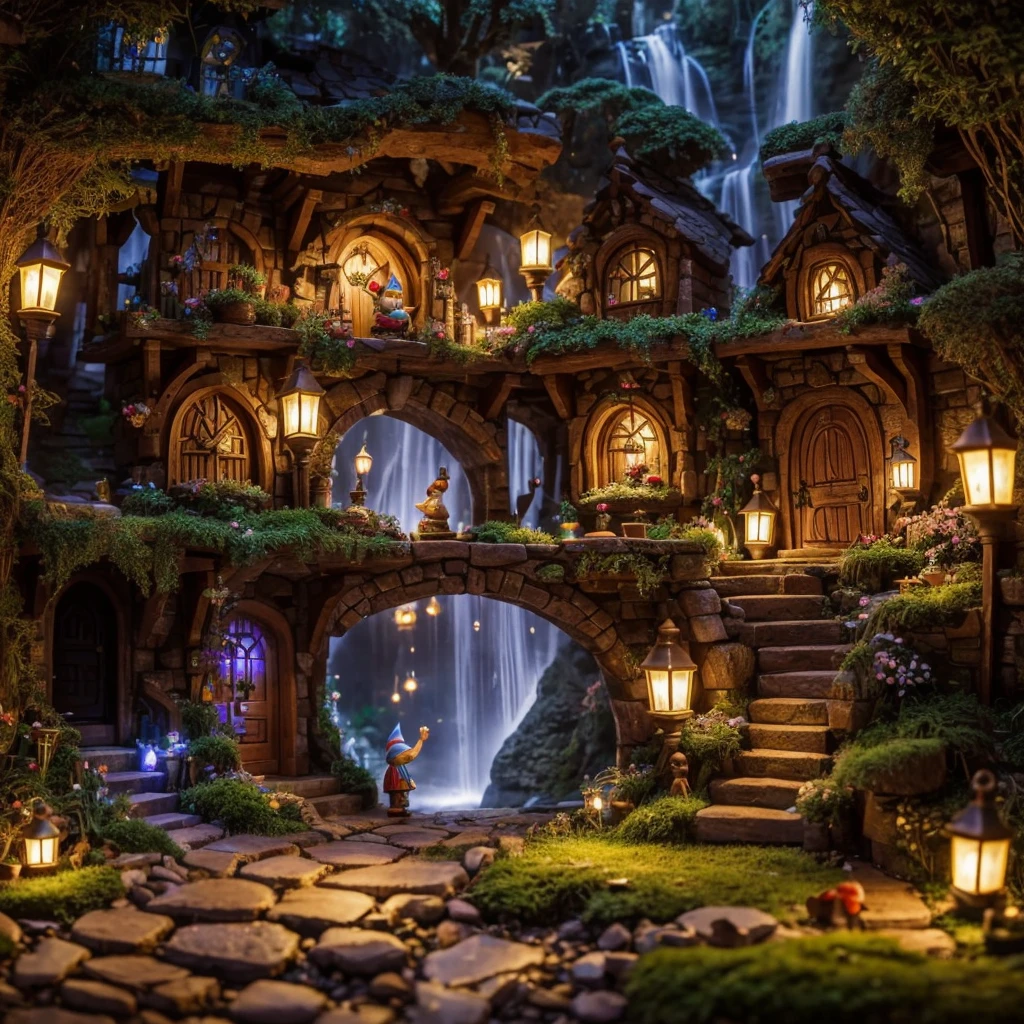 (Highest quality, 4K, 8K, High resolution, masterpiece:1.2), Super detailed, Realistic:1.37, The hidden city of gnomes, underground environment, Mysterious atmosphere, ancient architecture, Vibrant colors, Magical lighting, Intricate details, Whimsical atmosphere, A vibrant gnome community, Cobblestone Street, Ornate doors and windows, Fascinating flora and fauna, Winding tunnel, Secret Passage, Cozy Gnome House, Exquisite carving, Sparkling Gems and Crystals, Sparkling Waterfall, Mysterious Shadow, Hidden Treasure, Flickering lanterns, Mischievous gnomes in action, A sense of wonder and adventure, Immersive Exploration, Rich history and folklore