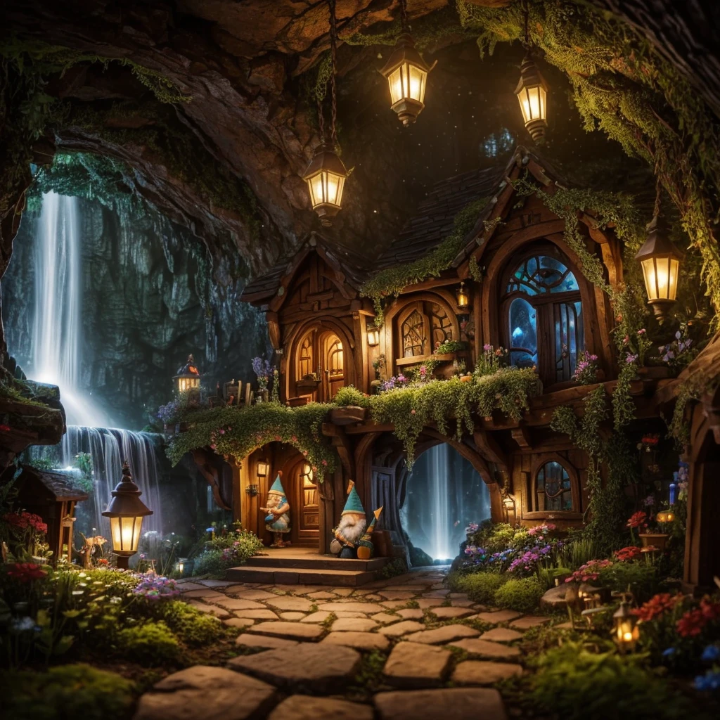 (Highest quality, 4K, 8K, High resolution, masterpiece:1.2), Super detailed, Realistic:1.37, The hidden city of gnomes, underground environment, Mysterious atmosphere, ancient architecture, Vibrant colors, Magical lighting, Intricate details, Whimsical atmosphere, A vibrant gnome community, Cobblestone Street, Ornate doors and windows, Fascinating flora and fauna, Winding tunnel, Secret Passage, Cozy Gnome House, Exquisite carving, Sparkling Gems and Crystals, Sparkling Waterfall, Mysterious Shadow, Hidden Treasure, Flickering lanterns, Mischievous gnomes in action, A sense of wonder and adventure, Immersive Exploration, Rich history and folklore