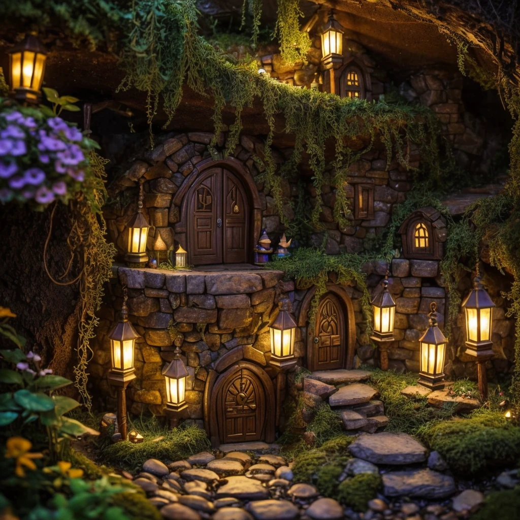 (Highest quality, 4K, 8K, High resolution, masterpiece:1.2), Super detailed, Realistic:1.37, The hidden city of gnomes, underground environment, Mysterious atmosphere, ancient architecture, Vibrant colors, Magical lighting, Intricate details, Whimsical atmosphere, A vibrant gnome community, Cobblestone Street, Ornate doors and windows, Fascinating flora and fauna, Winding tunnel, Secret Passage, Cozy Gnome House, Exquisite carving, Sparkling Gems and Crystals, Sparkling Waterfall, Mysterious Shadow, Hidden Treasure, Flickering lanterns, Mischievous gnomes in action, A sense of wonder and adventure, Immersive Exploration, Rich history and folklore