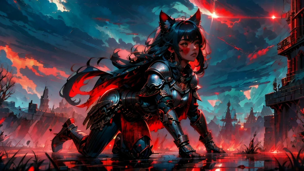 ((junkotvv)), (cabello negro, con flequillo y orejas de gato), (masterpiece, best quality, detailed, vibrant colors), fantastical, (solo), (knight), kneeling, chainmail, plate armor, sad, tears, outdoors, battlefield, (blood:1.1), tired, exhausted, windy, backlight, cape, tragic, dramatic, (night), red moon, moonlight, thunderstorm, lightning, clouds, blood pond, wrenchsfantasy, fantasy, glowing