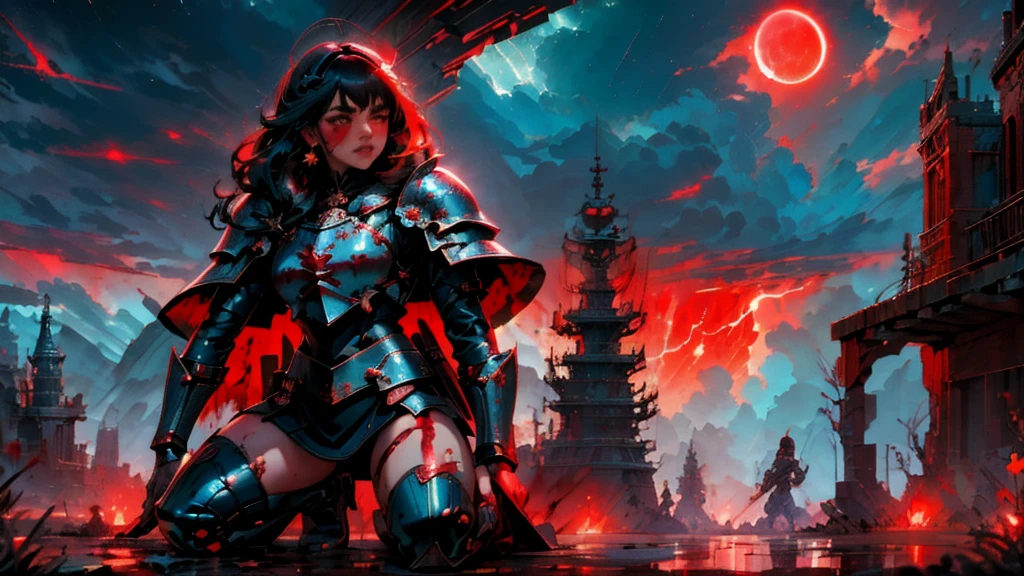 ((junkotvv)), (cabello negro, con flequillo y orejas de gato), (masterpiece, best quality, detailed, vibrant colors), fantastical, (solo), (knight), kneeling, chainmail, plate armor, sad, tears, outdoors, battlefield, (blood:1.1), tired, exhausted, windy, backlight, cape, tragic, dramatic, (night), red moon, moonlight, thunderstorm, lightning, clouds, blood pond, wrenchsfantasy, fantasy, glowing