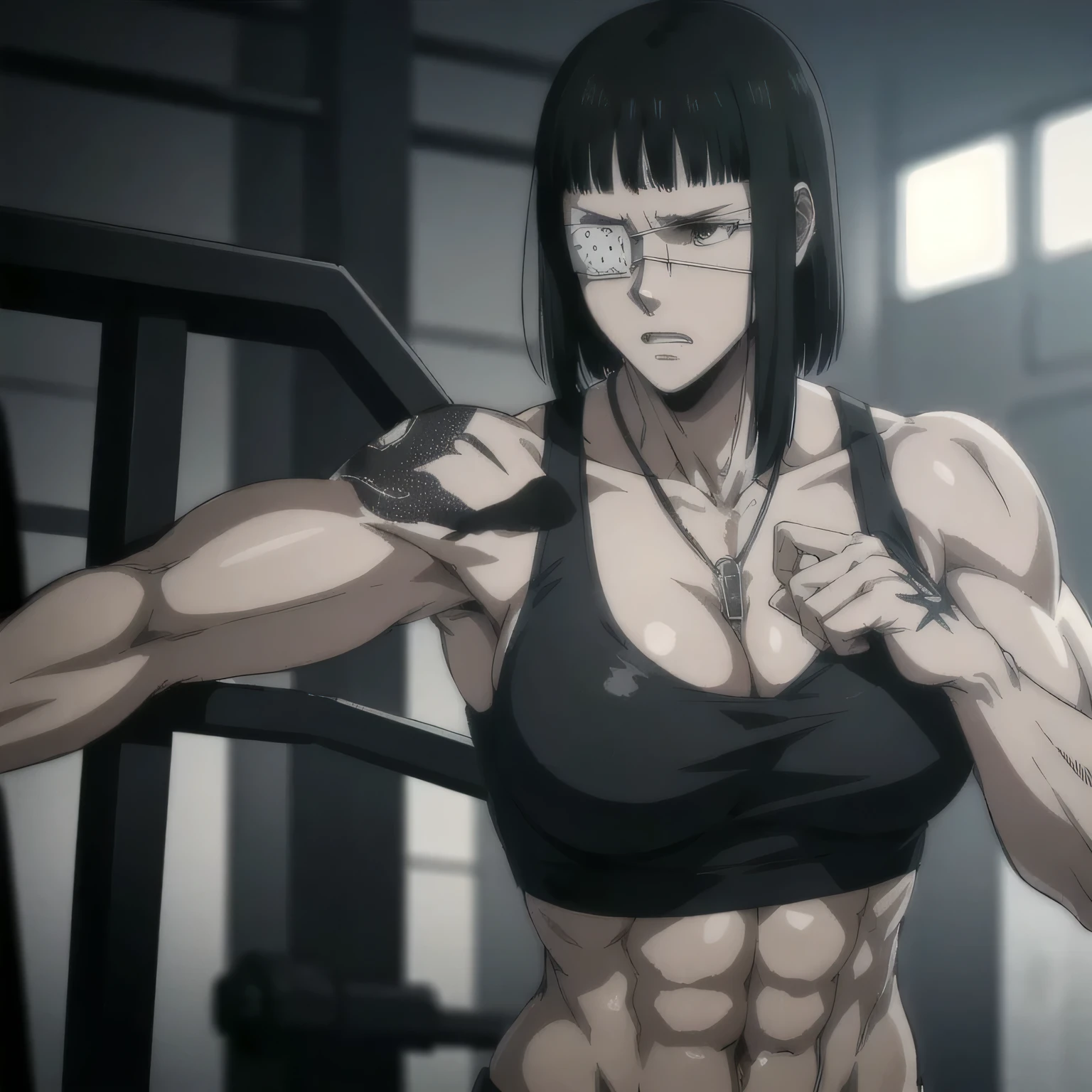 (best quality,ultra-detailed,realistic:1.37),musclaur badass girl with sculpted body have a tattoos ,full review of the female character face and body, intense expression, strong and confident posture, studio lighting, vivid colors, physiologically-based rendering, grungy texture, rugged background, dust particles in the air, commanding presence, professional, powerful, gritty aesthetics,Valmet،short hair,necklace,eyepatch,handsome look,gym,Body lifting,Valmet prime muscles,fighting pose,wearing black sport tank top and black gym short,Shining muscles,veins in muscles,1girl,six-pack,arena training,perfect muscles,