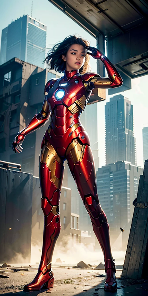 RAW, Masterpiece, Ultra Fine Photo,, Best Quality, Ultra High Resolution, Photorealistic, Sunlight, Full Body Portrait, Stunningly Beautiful,, Dynamic Poses, Delicate Face, Vibrant Eyes, (Side View) , she is wearing a futuristic Iron Man mech, red and gold color scheme, highly detailed abandoned warehouse background, detailed face, detailed and complex busy background, messy, gorgeous, milky white, high detailed skin, realistic skin details, visible pores , sharp focus, volumetric fog, 8k uhd, dslr camera, high quality, film grain, fair skin, photorealism, lomography, sprawling metropolis in futuristic dystopia, view from below, translucent