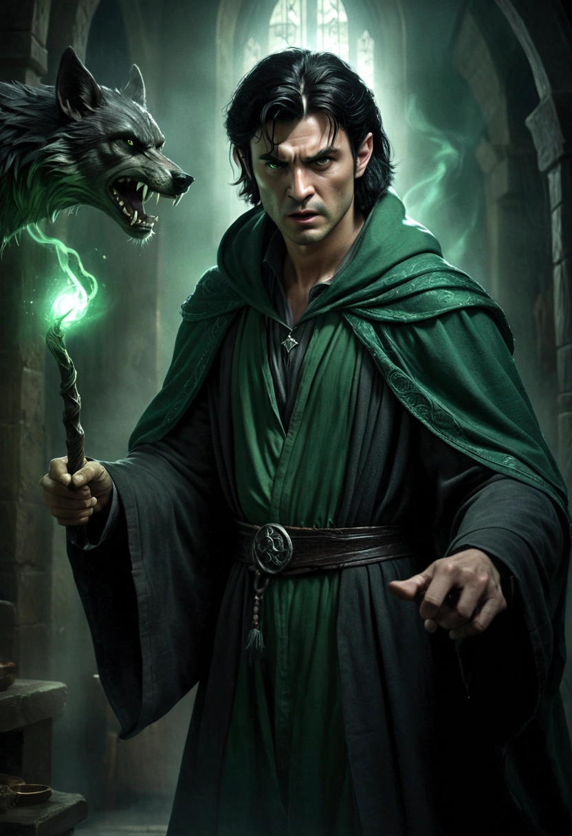 a dark-haired man in wizard's robes, severe expression, casting deadly green curse spell, killing werewolf, wand raised, dramatic lighting, moody atmosphere, photorealistic, cinematic, intricate details, chiaroscuro lighting, muted color palette, somber mood, powerful magic