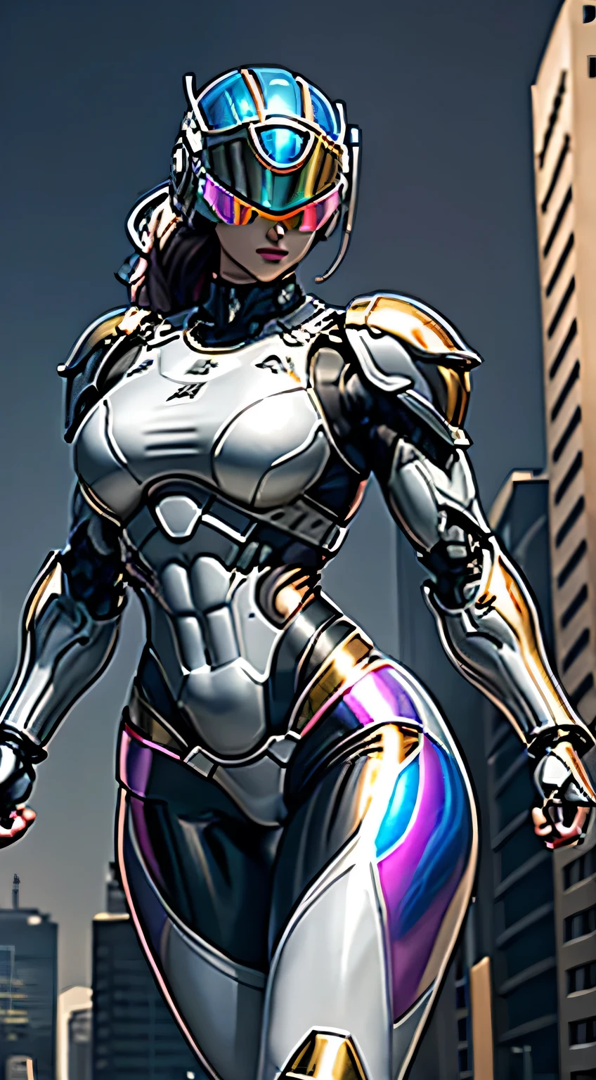 Female Robocop Solo、Bright outdoors、strong light source、8K, high quality, masterpiece, 最high quality, Crisp contrast、Very detailed、Full body armor、Very large armor、Helmet covering the head、Clear photos、His eyes are hidden by thin straight goggles:1.3、The lower half of the face is raw々Shii:1.5、The lower half of the face is exposed、Seductive lips、Rainbow and white metallic armor、Armor that completely covers the chest、Long, slender legs、Vibrant Posselo Body View,Big and ample breasts:1.5, (Sports Body:1.5)、Five Fingers、Hold a handgun、In the city