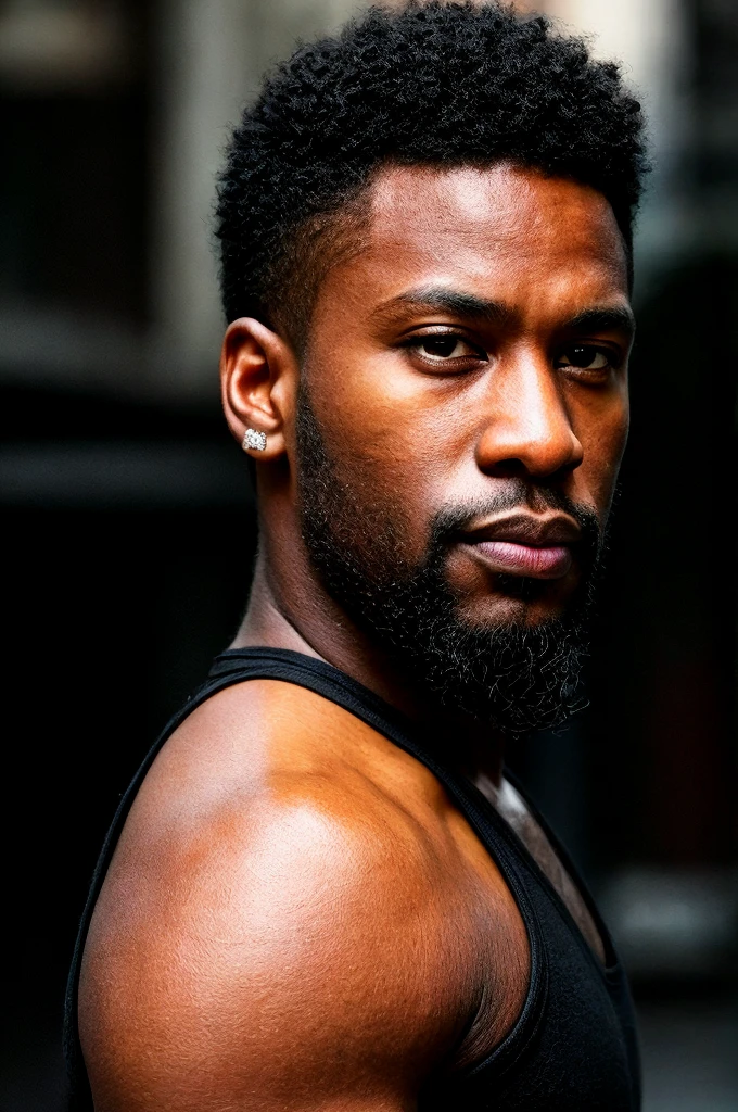 (a 35-year-old american black male), high-quality, hyperrealistic, photorealistic, 8K, street photography, short black hair, ((dark skin)), thick lips, beard covering from sideburns to mouth, stoic fashion model expression, headshot, piercing confident gaze, wearing sleeveless tops, (best quality,4k,8k,highres,masterpiece:1.2),ultra-detailed,(realistic,photorealistic,photo-realistic:1.37),HDR,UHD,studio lighting,ultra-fine painting,sharp focus,physically-based rendering,extreme detail description,professional,vivid colors,bokeh, ((from behind))