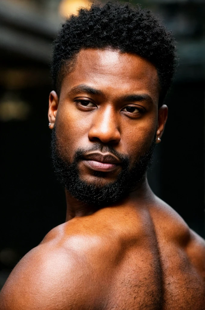 (a 35-year-old american black male), high-quality, hyperrealistic, photorealistic, 8K, street photography, short black hair, ((dark skin)), thick lips, beard covering from sideburns to mouth, stoic fashion model expression, headshot, piercing confident gaze, wearing sleeveless tops, (best quality,4k,8k,highres,masterpiece:1.2),ultra-detailed,(realistic,photorealistic,photo-realistic:1.37),HDR,UHD,studio lighting,ultra-fine painting,sharp focus,physically-based rendering,extreme detail description,professional,vivid colors,bokeh, ((from behind))