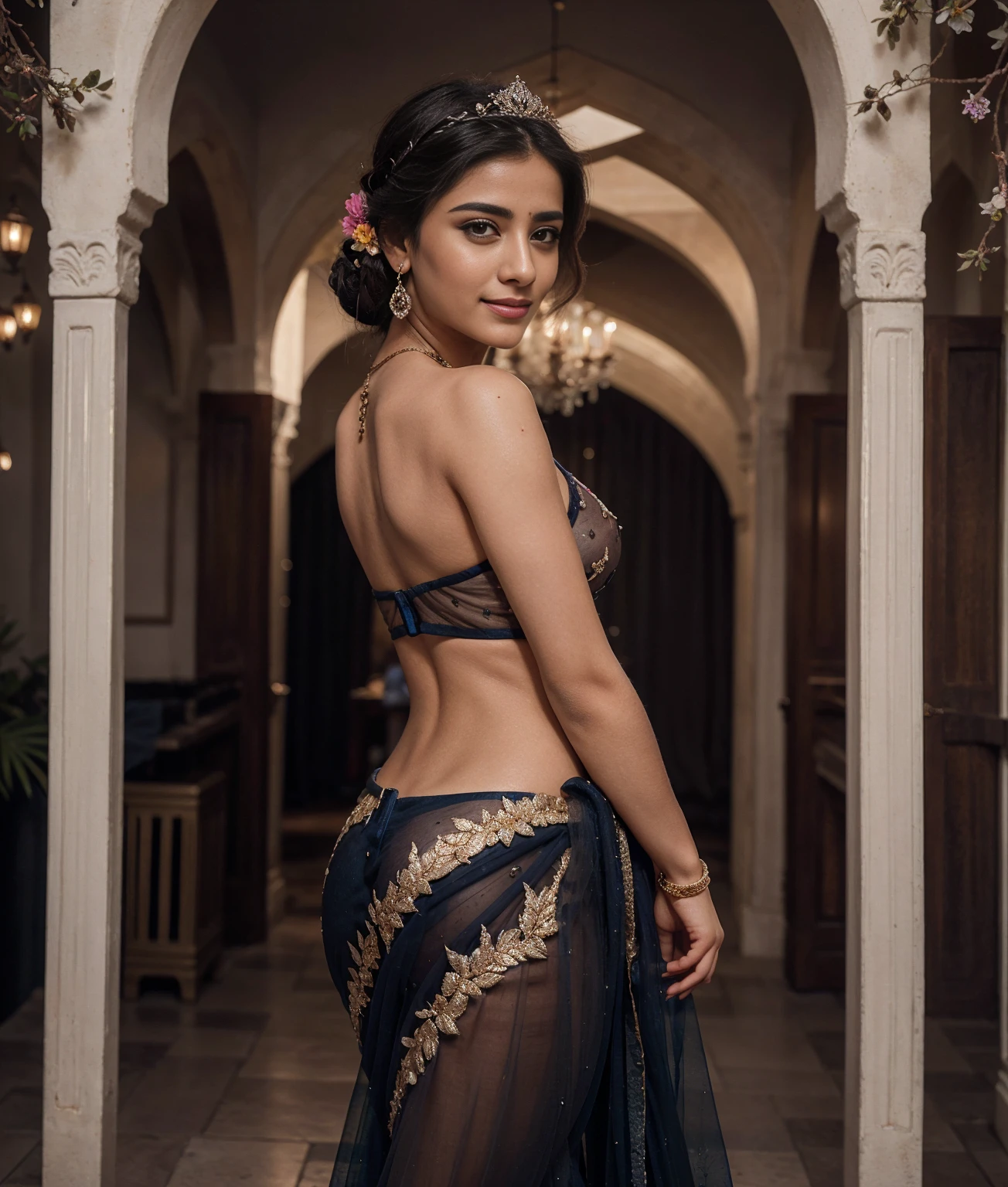 Hiba Nawab in 25  years old, perfect age, ultra realistic face, (((Stunningly Beautiful persian Princesss ))), elegant blue black updo hair, sweet smile, Beautiful bride posing under a fairy tale arch of exotic magical flowers, looking back,elaborate scene style, crystal glass lattice, glitter, transparent embroidered lace, realistic style, 8k,exposure blend, medium shot, bokeh, (hdr:1.4), (cinematic), ( dark tones:1.3), (hyperdetailed:1.2),Realism,1 girl,girl wearing indian saree(dressed in transparent saree)(wearing glitter graphics jewelry), medium   ,Sexy medium  Breast,nipple,bright light ,long_hair, Bokeh ,nsfw , indian ,tree branch, colourfull ,undersized bra,princess dress,lehenga choli