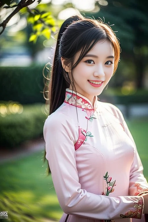 (a gorgeous lady, age 18, Vietnamese traditional dress pink Ao Dai, nature walk in Hanoi night sky, friendly expression, dimpled smile, cute snaggle-tooth, Loose low ponytail, beautiful detailed face, beautiful detailed eyes, ample round bosom, photorealistic, hyper-realism, high contrast, ultra HD, realistic skin textures, top image quality, top-quality, super high resolution, fine details, very meticulously, masterpiece, head to thigh, full body shot, romantic atmosphere, bokeh background)