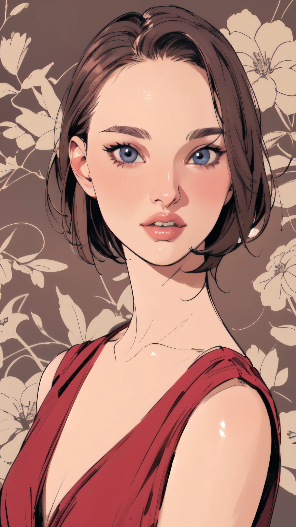 (masterpiece:1.2, Highest quality),8K,wallpaper,(An illustration),(Natalie Portman), Upper body close-up,front,short hair,Wearing a bold dress,Perfect Eyes,Detailed face,,Cool woman