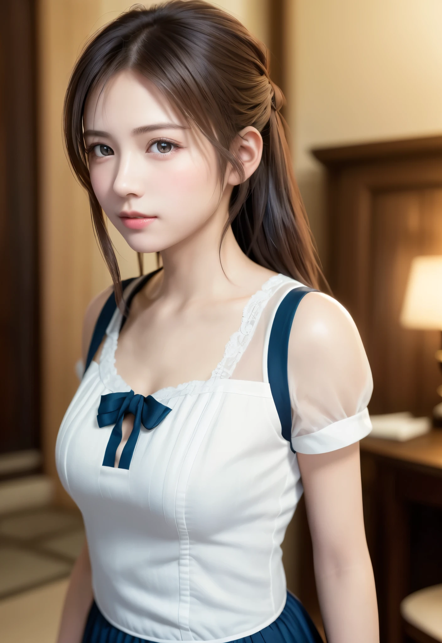 8K, of the highest quality, masutepiece:1.2), (Realistic, Photorealsitic:1.37), of the highest quality, masutepiece, Beautiful young woman, Pensive expression,、A charming、and an inviting look, Cute Maid Clothes, Hair tied back, Cinematic background, Light skin tone