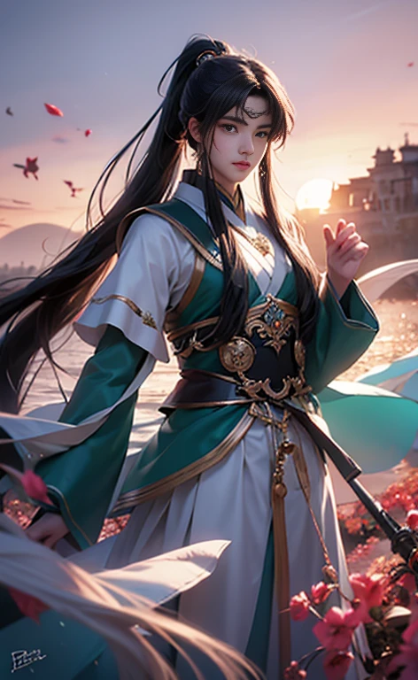 ((best quality)), ((masterpiece)), (detailed), ((Perfect face)), ((Half Body)) Pretty Face,-yeld boTeenage B proportion , Shen Qingqiu character , Black long hair, Boys version , detailed background, ，High Ponytail ,There is a vermilion nevus ，Wearing Hanfu，Shen Qingqiu is an extremely elegant、A man with a scholarly air. Shen Qingqiu is an extremely elegant、A man with a scholarly air,1 boy