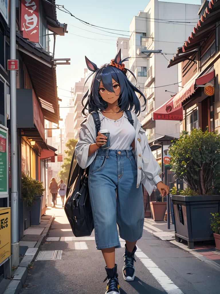 (​masterpiece、top-quality、hight resolution、Unity 8k Wallpaper、extremely details CG:1), A heartwarming scene of a mother and  walking down a bustling city street. The mother, dressed in casual yet stylish attire, holds the child's hand protectively. The , full of curiosity and energy, looks around with wide eyes, taking in the sights and sounds of the city. The street is lined with shops, cafes, and people going about their day. There are trees along the sidewalk, adding a touch of greenery to the urban environment. The overall atmosphere is lively and vibrant, capturing a moment of everyday life. Hishi Amazon (umamusume)