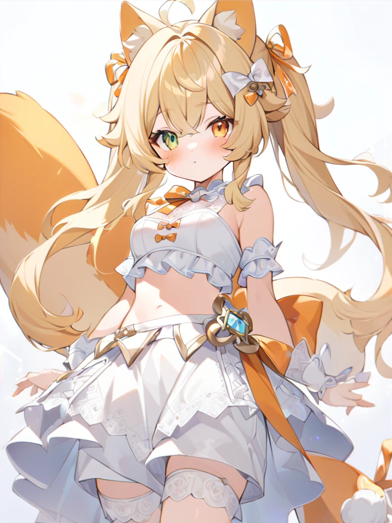 1girl, animal ears, bangs, bare shoulders, blonde hair, blush, bow, breasts, white cleavage, cropped torso, , green eyes, hair ribbon, heterochromia,  stlooking at viewer, , orange bow, orange eyes, orange ribbon, ears like an unearthly animal, fluffy tail, light tail, real tail, ribbon, solo, stuffed animal, stuffed bunny, stuffed toy, twintails, upper body, full-length, white legbands, white shoes with lace and white bows, white background, wrist cuffs, yellow eyes, bloomers, close-up, fair skin frills, lace, midriff, skirt, solo, , white background,shorts, white top with ribbon and lace and trousers,trousers, genshin,white slippers with a bow,All clothes are white, laceAt full height, it stands, в полный рост