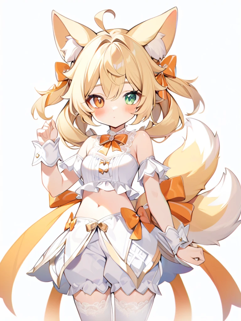 1girl, animal ears, bangs, bare shoulders, blonde hair, blush, bow, breasts, white cleavage, cropped torso, , green eyes, hair ribbon, heterochromia,  stlooking at viewer, , orange bow, orange eyes, orange ribbon, ears like an unearthly animal, fluffy tail, light tail, real tail, ribbon, solo, stuffed animal, stuffed bunny, stuffed toy, twintails, upper body, full-length, white legbands, white shoes with lace and white bows, white background, wrist cuffs, yellow eyes, bloomers, close-up, fair skin frills, lace, midriff, skirt, solo, , white background,shorts, white top with ribbon and lace and trousers,trousers, genshin,white slippers with a bow,All clothes are white, laceAt full height, it stands, в полный рост