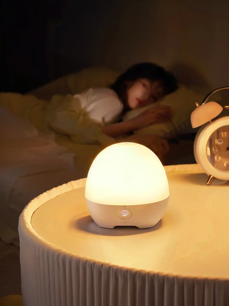 There is a small alarm clock on the table next to the bed., Night Light, mood light, Night Light, Room, Holding a night light, Beautiful and lovely lighting, Very soft diffuse light, Warm ambient light, Soft warm light, Warm dim lighting, paisible Night Lighting, Ambient yellow light, Soft warm lighting, Beautiful soft light