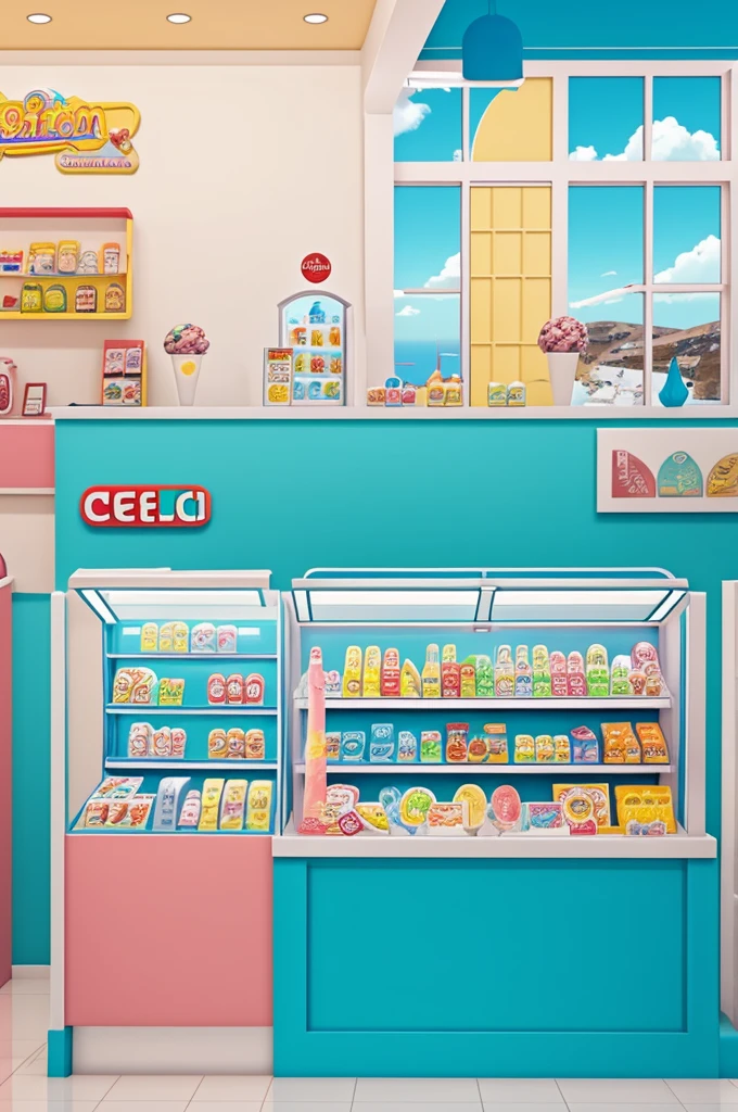 Ice cream counter with different ice cream tastes to take away in cartoon style and the name "Santorini"