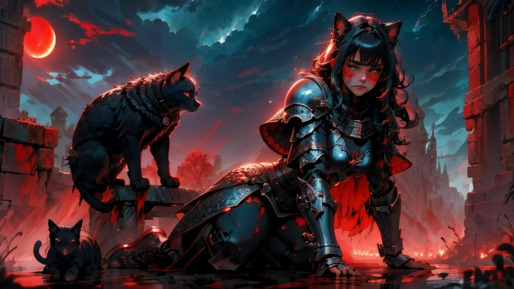 (cabello negro, con flequillo y orejas de gato), (masterpiece, best quality, detailed, vibrant colors), fantastical, (solo), (knight), kneeling, chainmail, plate armor, sad, tears, outdoors, battlefield, (blood:1.1), tired, exhausted, windy, backlight, cape, tragic, dramatic, (night), red moon, moonlight, thunderstorm, lightning, clouds, blood pond, wrenchsfantasy, fantasy, glowing