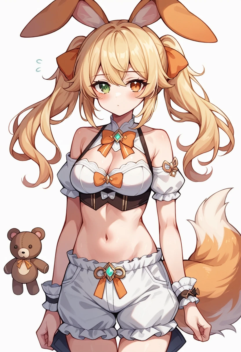 1girl, animal ears, bangs, bare shoulders, blonde hair, blush, bow, breasts, white cleavage, cropped torso, , green eyes, hair ribbon, heterochromia, stlooking at viewer, orange bow, orange eyes, orange ribbon, ears like an unearthly animal, fluffy tail, light tail, real tail, ribbon, solo, stuffed animal,twintails, upper body, full-length, white legbands, white shoes with lace and white bows, white background, wrist cuffs, yellow eyes, bloomers, close-up, fair skin frills, lace, midriff, skirt, solo, , white background,shorts, white top with ribbon and lace and trousers,trousers, genshin,white slippers with a bow,All clothes are white, laceAt full height, it stands, в полный рост