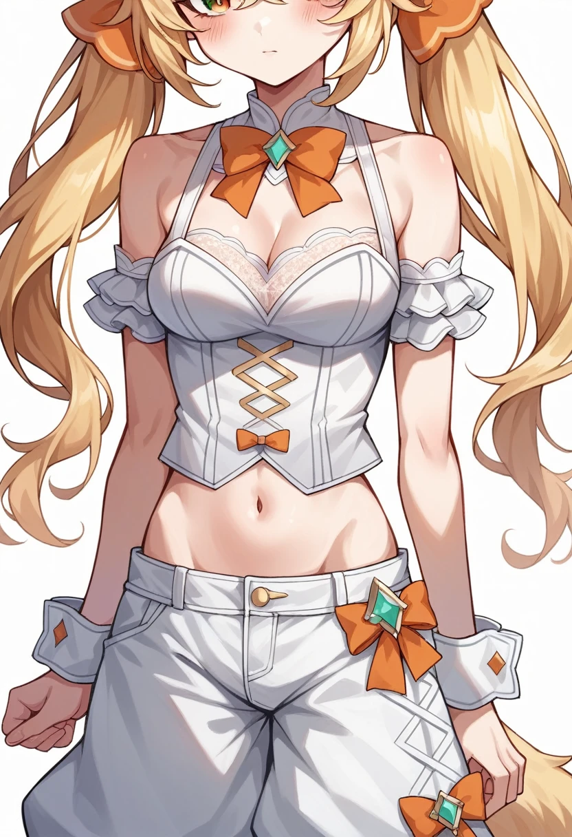 1girl, animal ears, bangs, bare shoulders, blonde hair, blush, bow, breasts, white cleavage, cropped torso, , green eyes, hair ribbon, heterochromia, stlooking at viewer, orange bow, orange eyes, orange ribbon, ears like an unearthly animal, fluffy tail, light tail, real tail, ribbon, solo, stuffed animal,twintails, upper body, full-length, white legbands, white shoes with lace and white bows, white background, wrist cuffs, yellow eyes, bloomers, close-up, fair skin frills, lace, midriff, skirt, solo, , white background,shorts, white top with ribbon and lace and trousers,trousers, genshin,white slippers with a bow,All clothes are white, laceAt full height, it stands, в полный рост