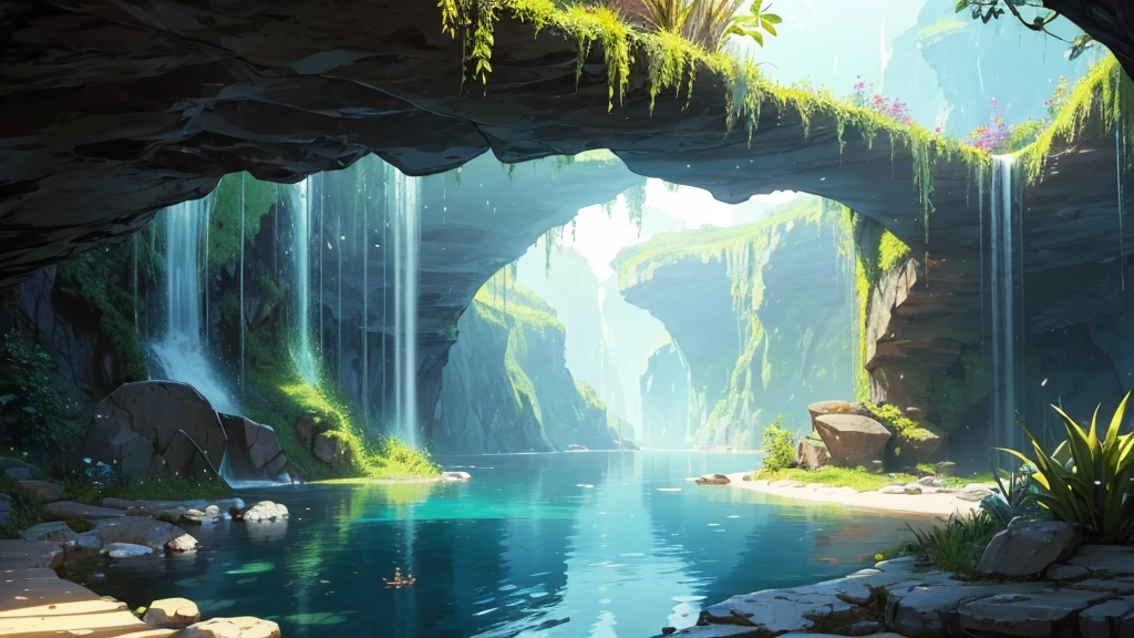 masterpiece, best quality)) cave, some water, some plants, ((Background only)) , no one, No Girls, There are no boys, nobody